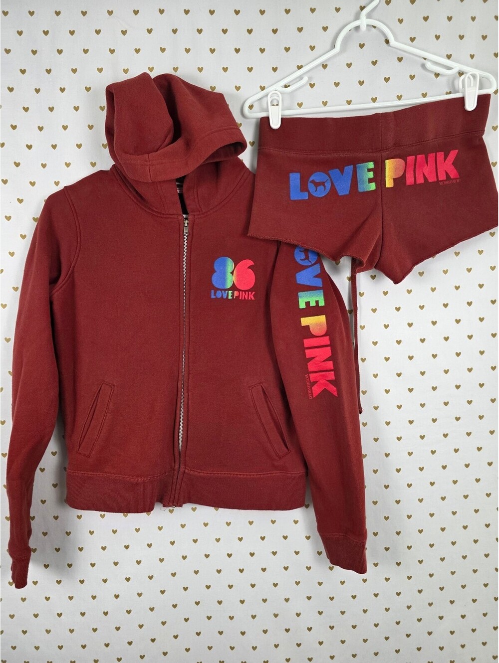 Vintage 2006 VS PINK 86 LOVE PINK Rainbow Hoodie Shorts Set S XS Y2K